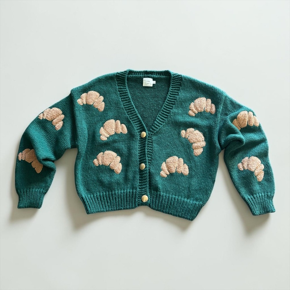 Luna Ivy Croissant Green Brown Button Up Whimsical Cardigan Women's Size XS